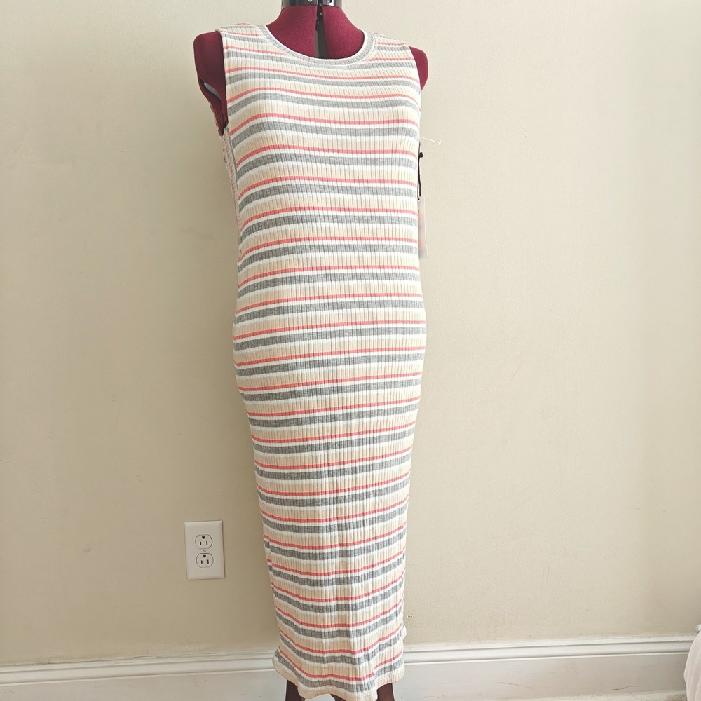 Red Haute Striped Ribbed Midi Dress Sleeveless Cutout Back Gray Pink Large NEW